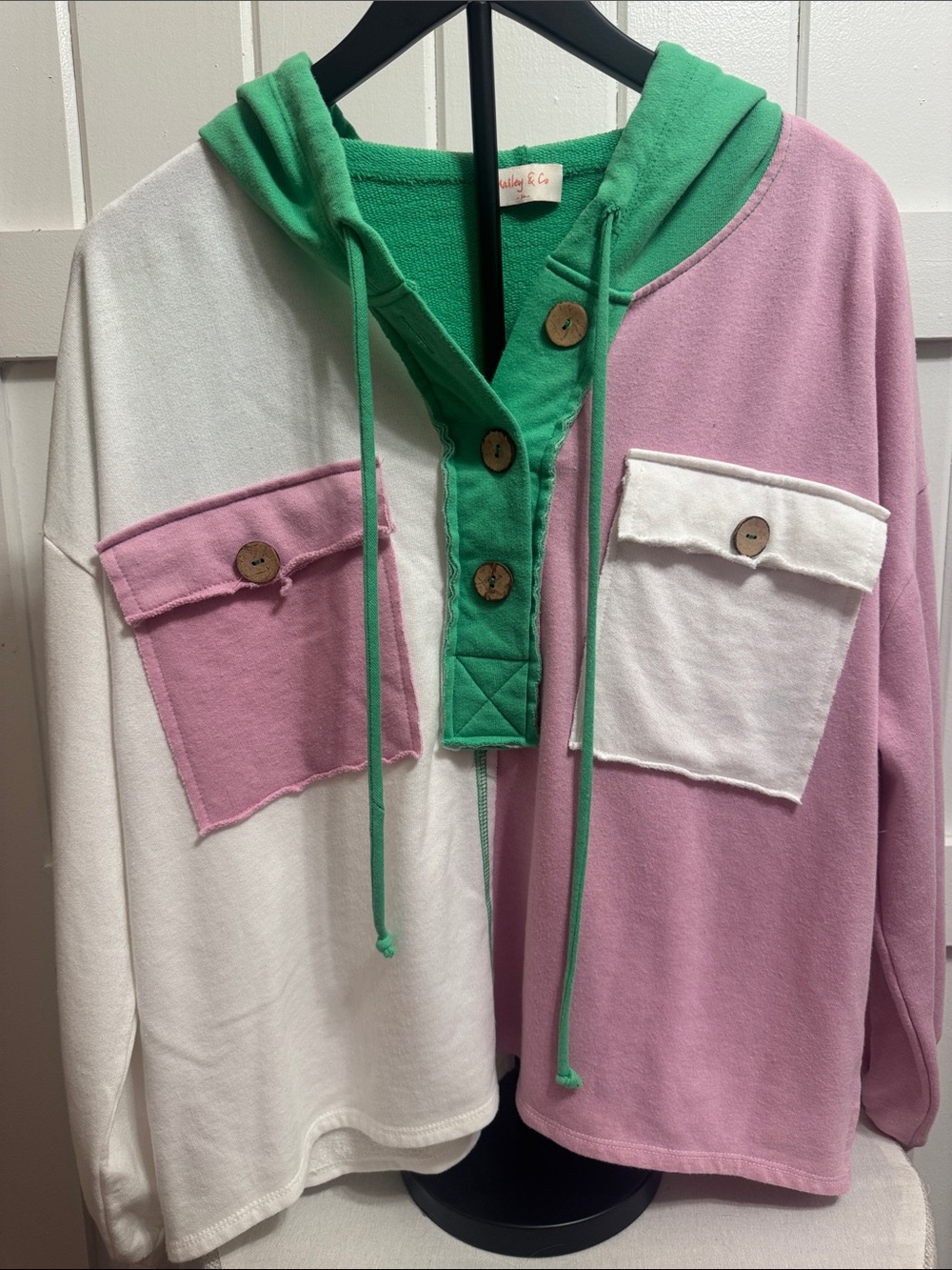 Colorblock Hooded Pullover Sweatshirt - Pink, White & Green